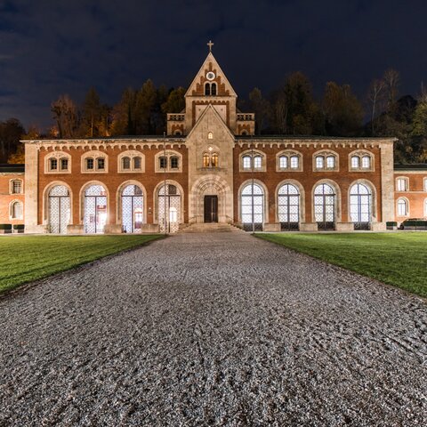 Exterior view of the Old Salt Works by night