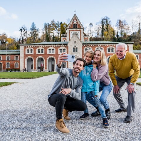 Family taking a selfie in front of the Old Salt Works